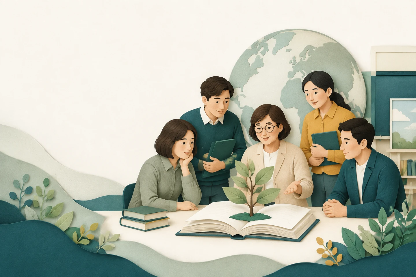 지구본 앞에서 새싹이 돋은 책을 함께 들여다보는 교원들